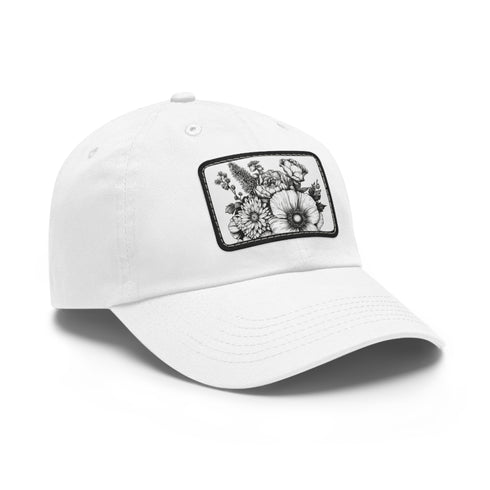 Colorful floral baseball cap with hand-drawn blossoms on light brown patch.