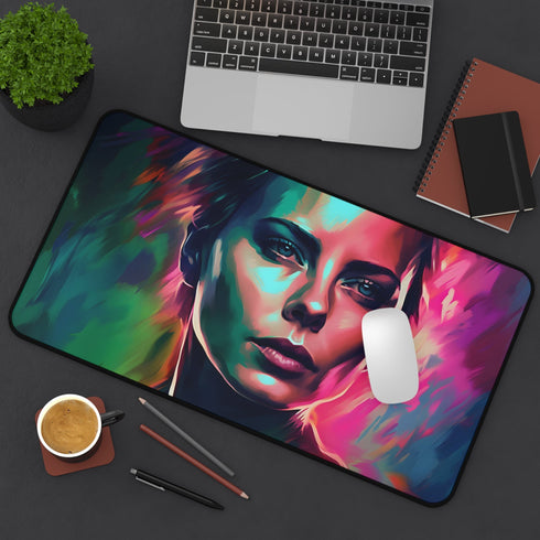 Neon watercolor desk mat with Charlize Theron design for stylish workspace.