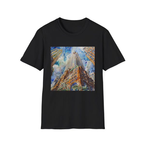 Charcoal crew neck t-shirt with Chrysler Building watercolor design