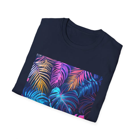 Neon tropics vibrant palm tree t-shirt, charcoal, regular fit, crew neck.