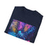 Neon tropics vibrant palm tree t-shirt, charcoal, regular fit, crew neck.