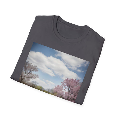 Charcoal cotton T-shirt with vibrant suburban park design capturing joyful embrace