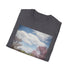 Charcoal cotton T-shirt with vibrant suburban park design capturing joyful embrace