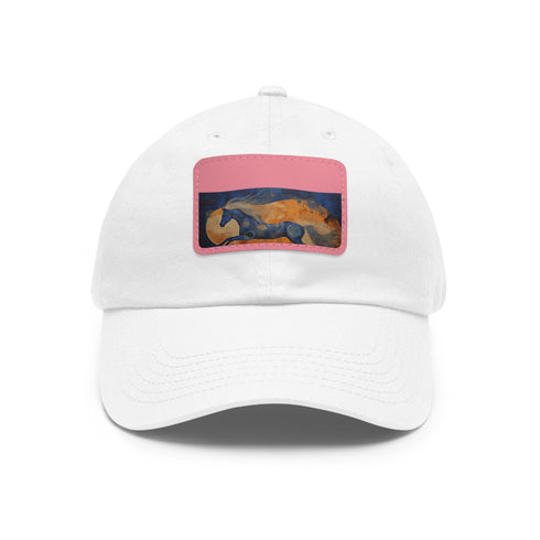 Abstract horse art white baseball cap with light brown patch.