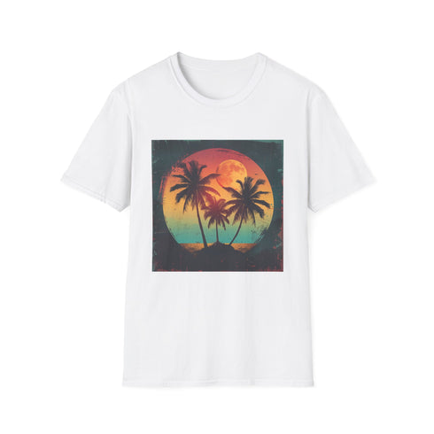 Retro sunset tropical palm tree t-shirt in charcoal, size small.