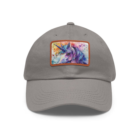 Watercolor unicorn baseball cap with light brown patch on white cotton.