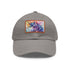 Watercolor unicorn baseball cap with light brown patch on white cotton.