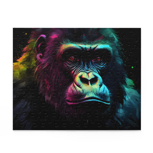 Vibrant neon watercolor gorilla jigsaw puzzle for nature lovers.