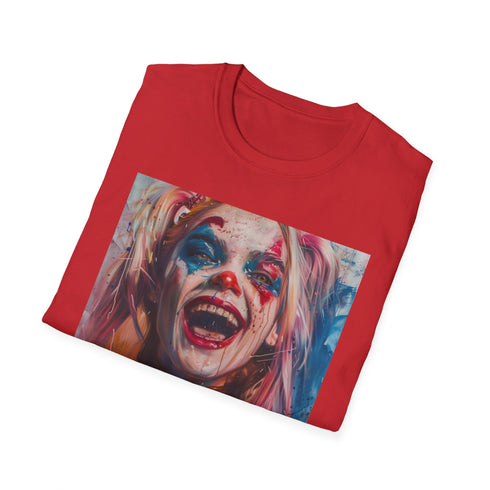 Harley Quinn Charcoal T-Shirt with Vibrant, Chaotic Design.