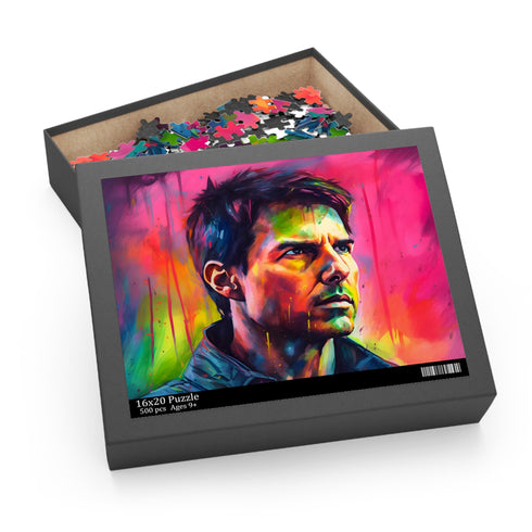 Vibrant neon watercolor puzzle featuring Tom Cruise in stunning colors.