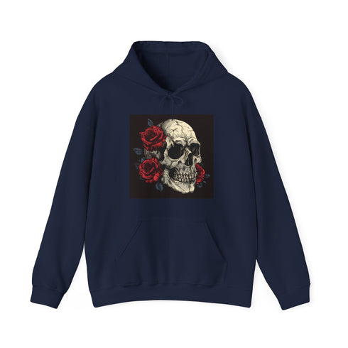 Skulls and roses navy hoodie with gothic skull and rose design