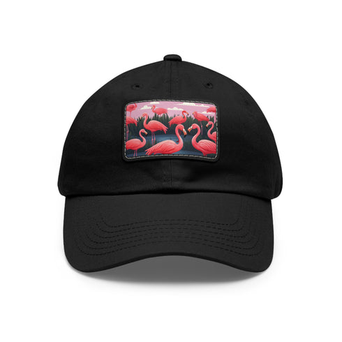 Vibrant pink flamingo print baseball cap with white/light brown patch.