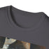 Charcoal cotton T-shirt with vibrant Indiana Jones portrait evocative of adventure