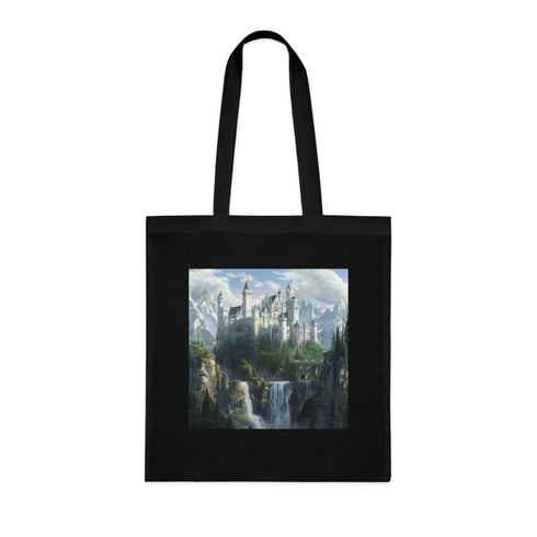 Whimsical Castle in the Clouds Black Cotton Tote Bag.