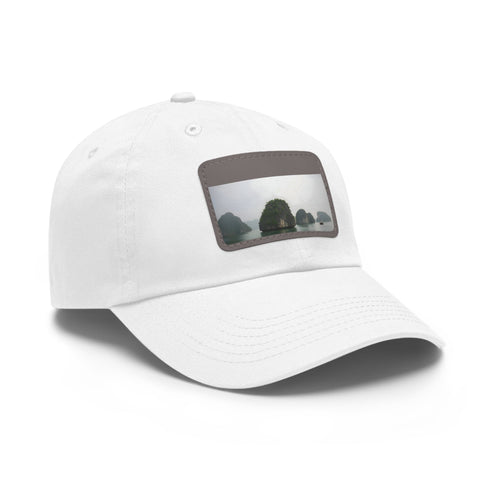 Halong Haven Baseball Cap in White with Light Brown Patch and Rectangle Design