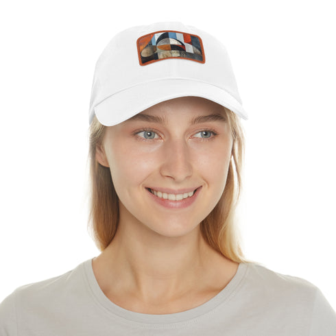 Geometric white cotton baseball cap with light brown rectangle patch.