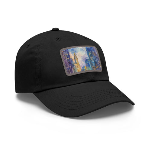 Chicago skyline watercolor baseball cap with light brown patch.