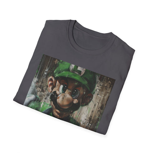 Charcoal cotton crew neck t-shirt with vibrant Luigi painting design