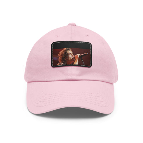 Harry Styles baseball cap in white with light brown rectangular patch.