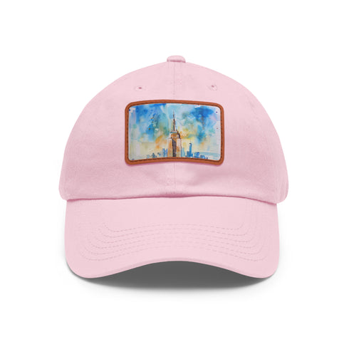 Empire State skyling watercolor hat with white/light brown patch.