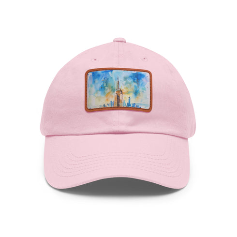 Empire State Skyline Watercolor Cap: White rectangle hat with iconic landmark.