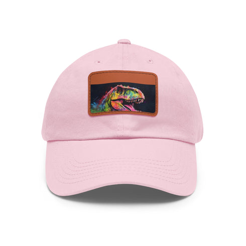 Neon watercolor dinosaur design hat with light brown patch.