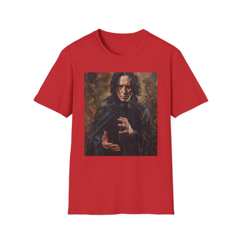 Enigmatic Severus Snape portrait on charcoal cotton crew neck T-shirt.