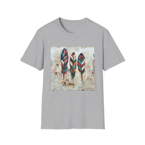 Bohemian feather t-shirt in charcoal with vibrant boho design.