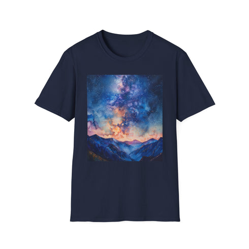 Charcoal cotton t-shirt featuring vibrant celestial Milky Way graphic with crew neck