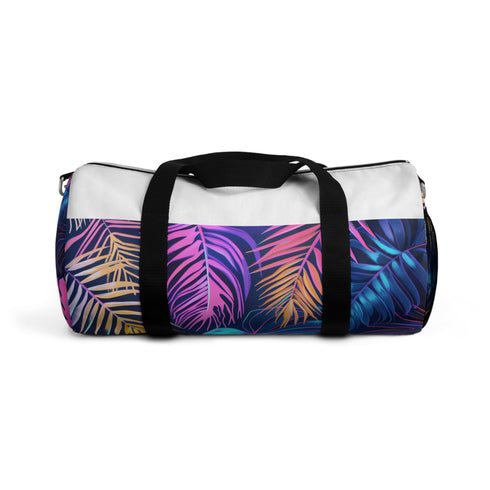 Bright neon tropical palm tree print small duffel bag, perfect for travel.