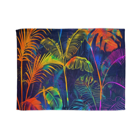 Vibrant neon tropical vibes blanket with lush palm tree pattern.