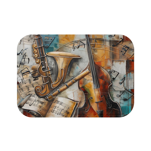 Colorful musical notes and instruments bath mat for home decor.