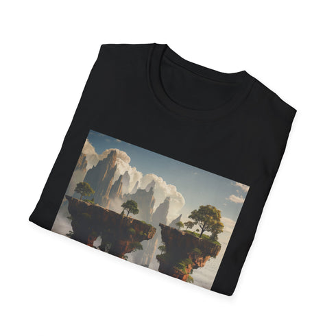 Charcoal soft cotton t-shirt with surreal floating islands design