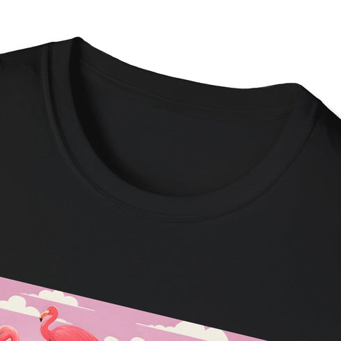 Charcoal T-shirt with pink flamingo design in breathable cotton fabric