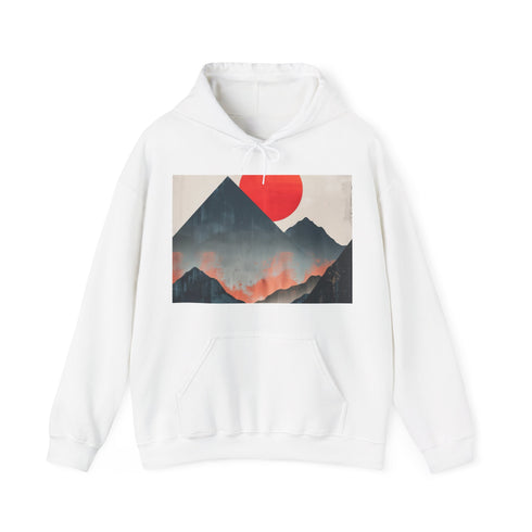 Serene sunrise hoodie in navy, regular fit, unisex, minimalist mountains design.