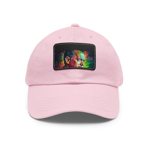Neon watercolor splatter hat with light brown patch, unisex and vegan.