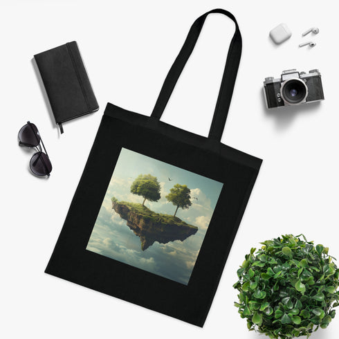 Surreal landscape black cotton tote bag for creative journeys.