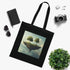 Surreal landscape black cotton tote bag for creative journeys.