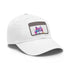 White husky baseball cap with light brown rectangle patch.