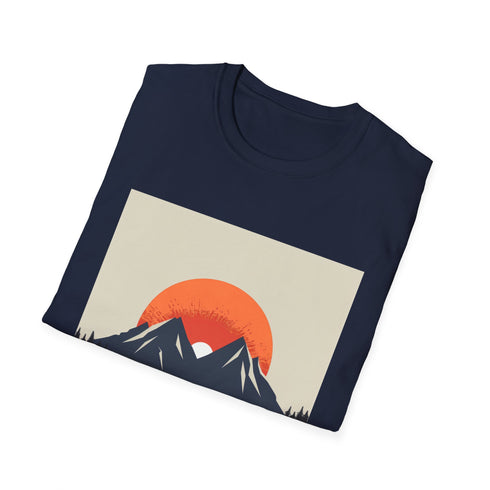 Minimalist charcoal cotton crew neck t-shirt with sunrise over mountain design.