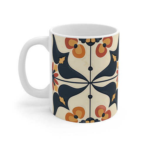 Artisan Tiles Mug: Elegant 11oz Ceramic Coffee Mug, Seamless Pattern.