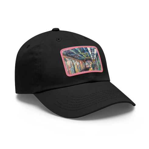 New York Subway watercolor snapback cap, white with light brown patch.