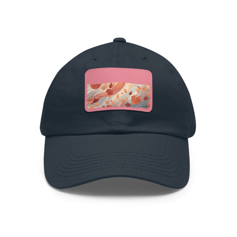 Autumn foliage patterned white baseball cap with light brown rectangle patch.