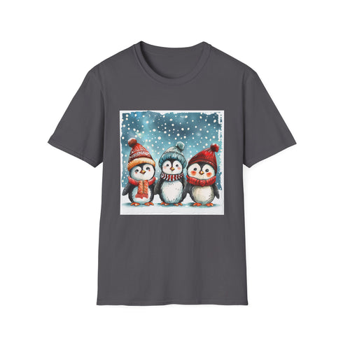 Charcoal cotton T-shirt with adorable penguins in winter hats and scarves