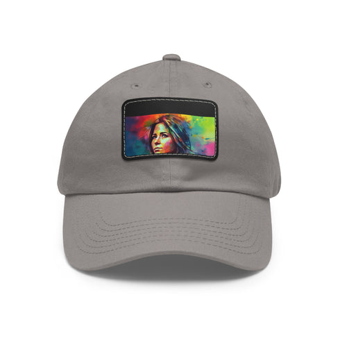 White cap with watercolor pattern worn by Jennifer Aniston.