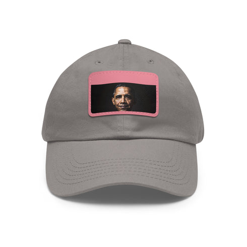 Barack Obama themed white baseball cap with rectangle patch.