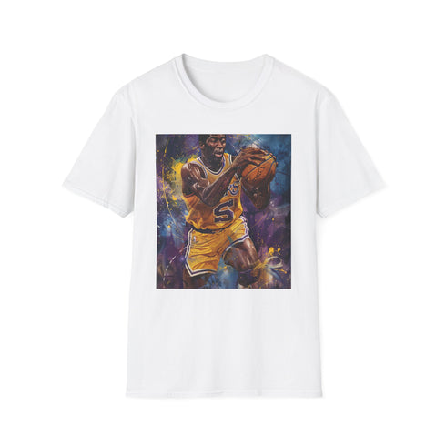 Magic Johnson portrait tee in charcoal, regular fit, crew neck design.