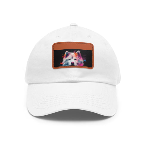 White baseball cap with light brown rectangle patch for dog lovers.
