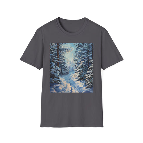 Charcoal cotton t-shirt with winter dreamscape painting and crew neck