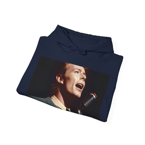 Vibrant navy Starman Bowie Live Hoodie featuring iconic musician on stage.
